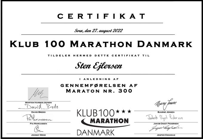 Sten Ejlersen Marathon Nr. 300 Certifikat!